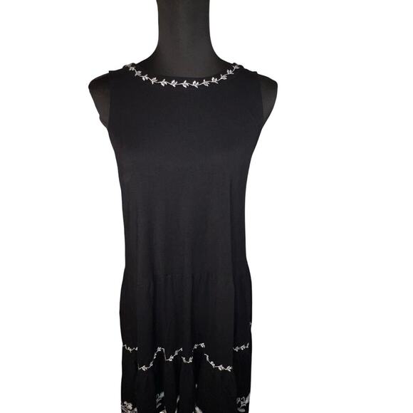 Loft women’s sz XS embroidered tie neck tiered ruffle swing midi goth sundress - Picture 1 of 10